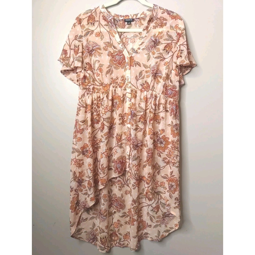 Torrid Women Orange Multi Floral Sheer Asymmetrical Tunic Top Size 0 (Large)